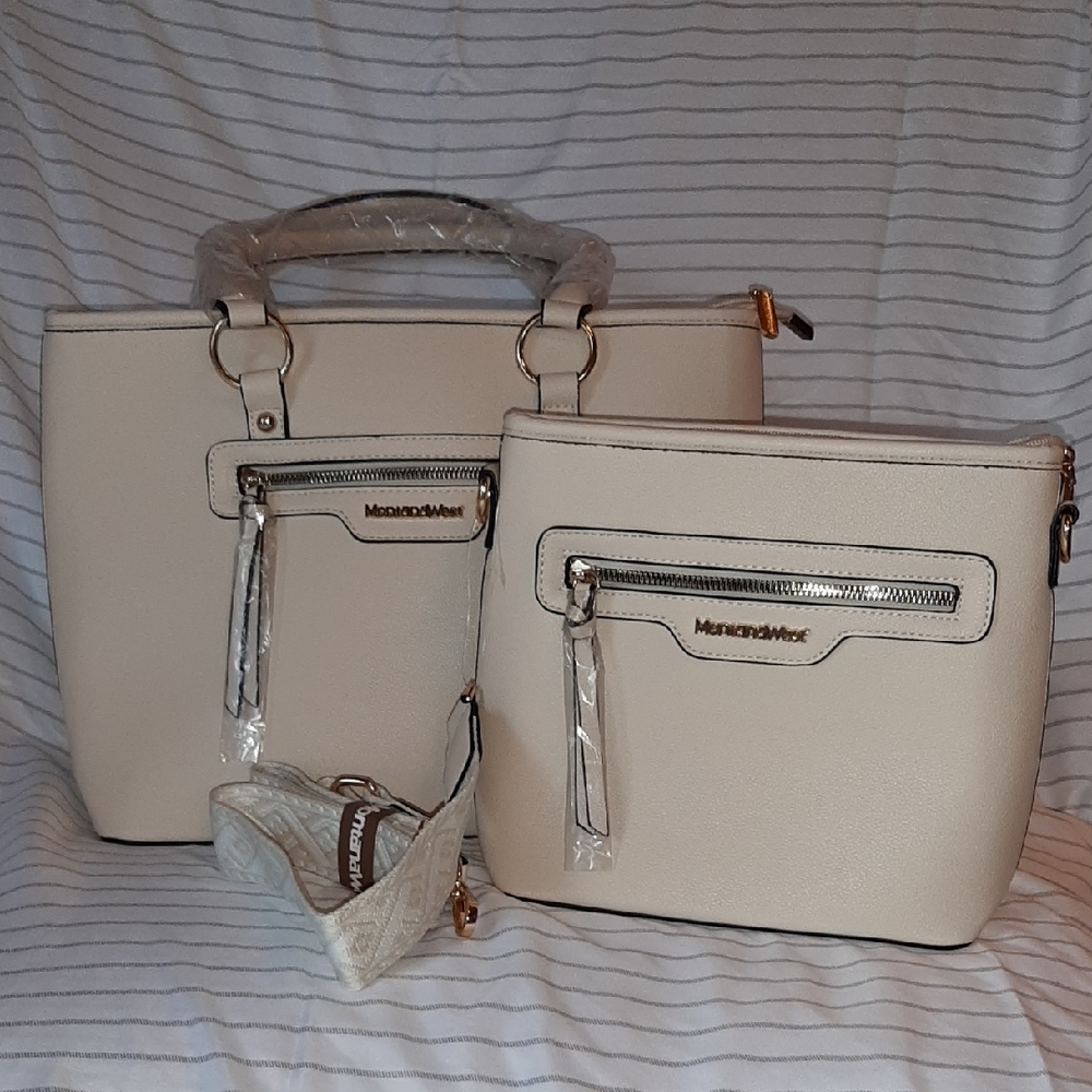 Montana West Cream 2pc Set Tote Bag with Modern Design